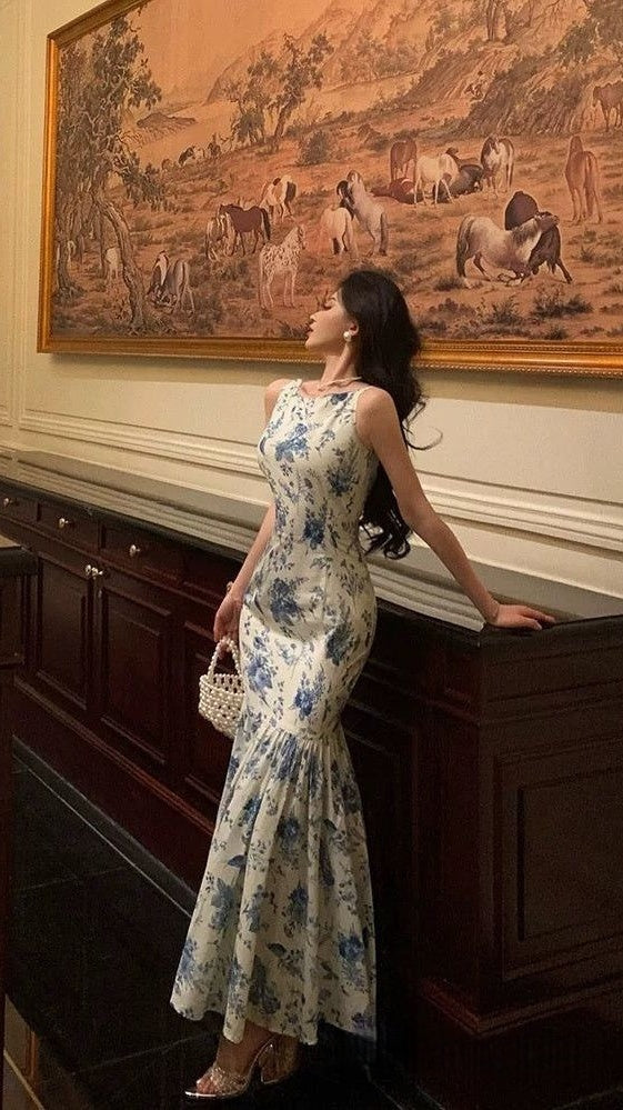Fashion Floral Blue White Mermaid Prom Dresses Sleeveless Evening Party Dress,LTP4206