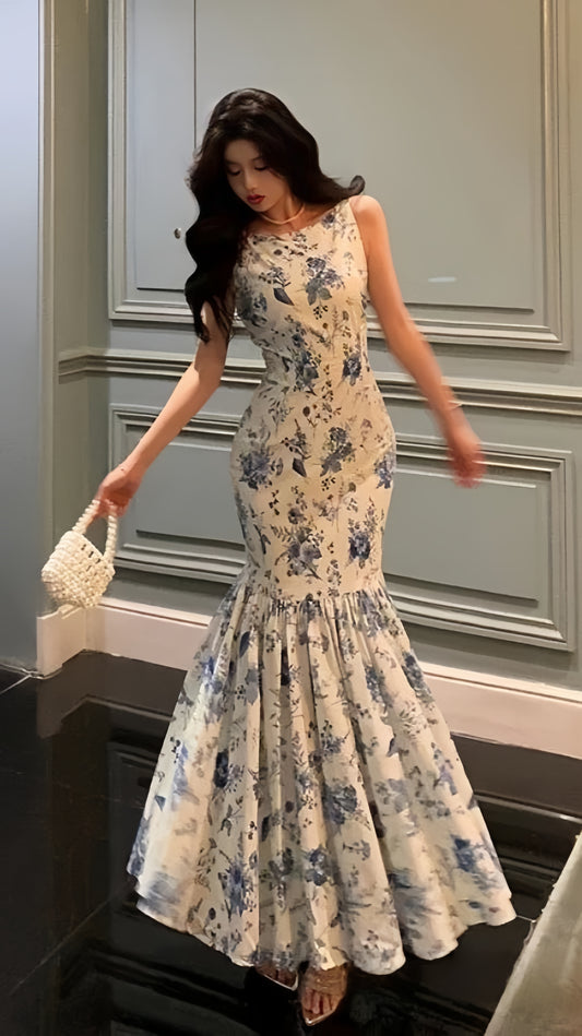 Fashion Floral Blue White Mermaid Prom Dresses Sleeveless Evening Party Dress,LTP4206