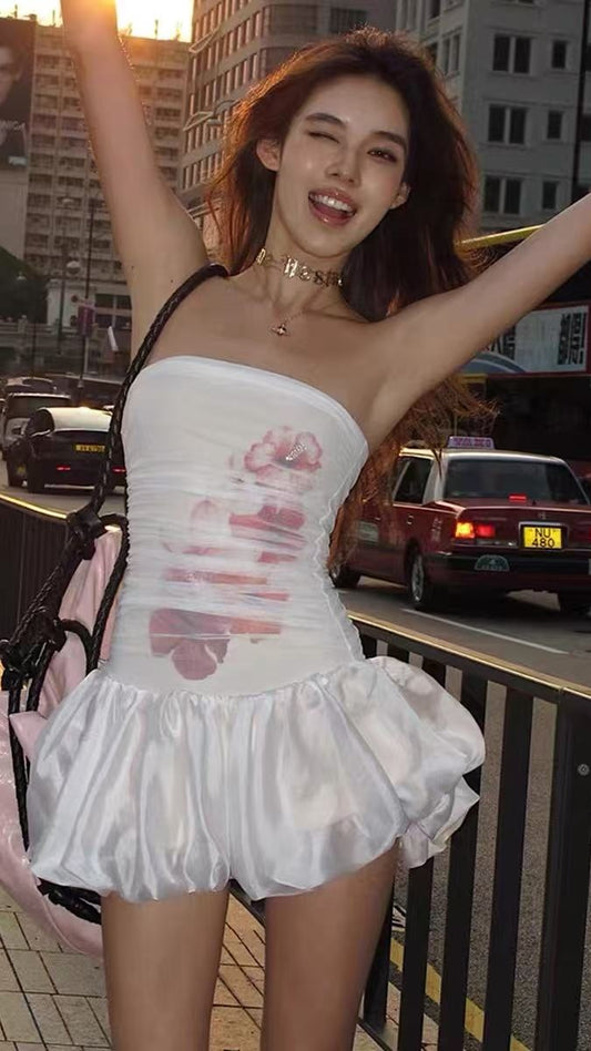 Fashion White Floral Mini Homecoming Dresses Strapless Short Prom Dress,LTP3958