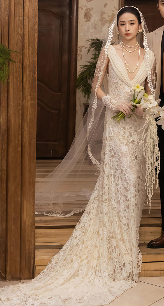 Fling Neck White Mermaid Lace Wedding Dress, Backless Long Bridal Wedding Gown,LTP3671