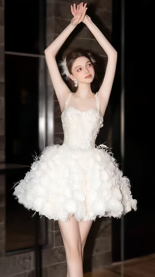 France Romantic Spaghetti Straps Wedding Dresses Floral Short Light Weight Bridal Dress,LTP3924