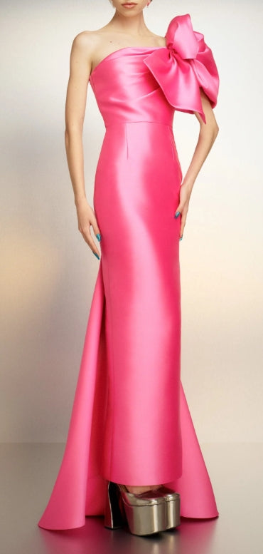 Pink Bow Shoulder Sheath Long Party Dress,LTP3572