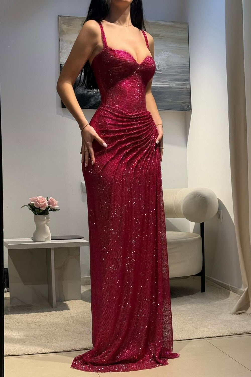 Dark Red Glitter Bodycon Homecoming Dress with Sweetheart Neck Spaghetti Straps Ruched Side Slit