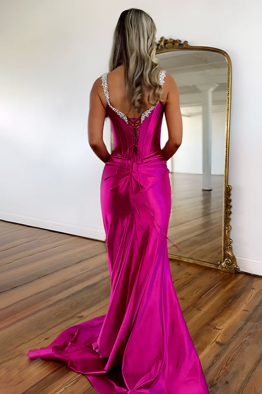 Fuchsia Mermaid Prom Dress with Lace Up Back Beaded Straps and Elegant Satin Slit Skirt