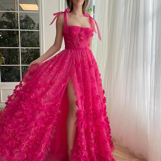 Fuchsia Tie Up Straps Lace Prom Dresses