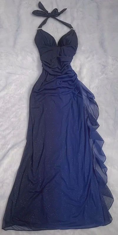 Glitter Halter Chiffon Prom Dress With Side Ruffle, LTP3517