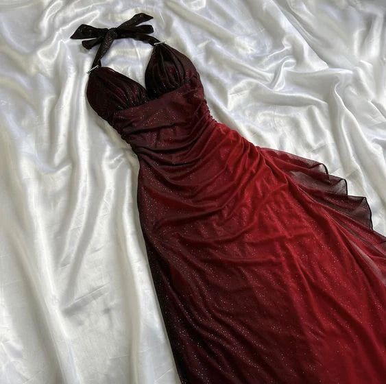 Glitter Halter Chiffon Prom Dress With Side Ruffle, LTP3517