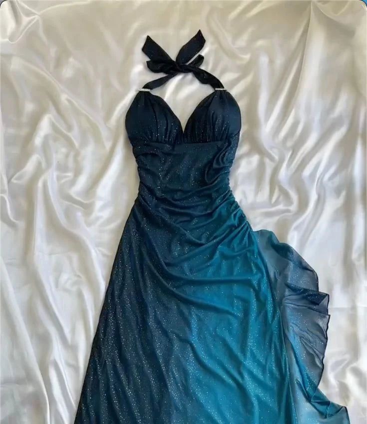 Glitter Halter Chiffon Prom Dress With Side Ruffle, LTP3517