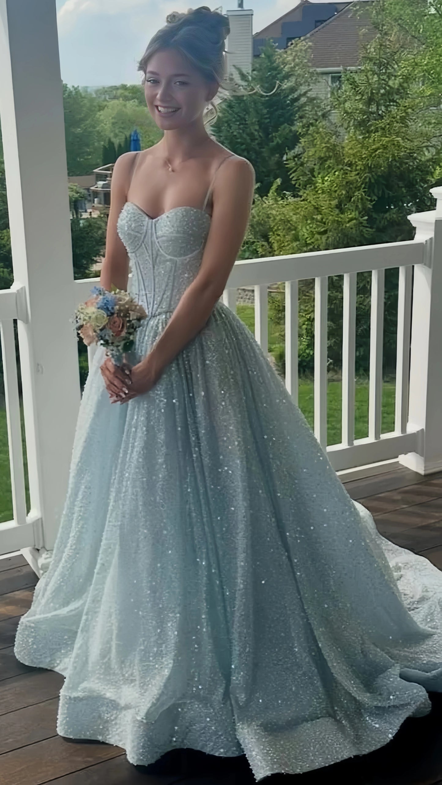Glitter Light Blue A-Line Prom Dresses Empire-Waist Sleeveless Prom Dress,LTP4438