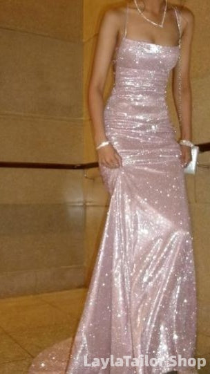 Glitter Pink Mermaid Long Prom Dresses With Cross Lace Up Back LTP82652