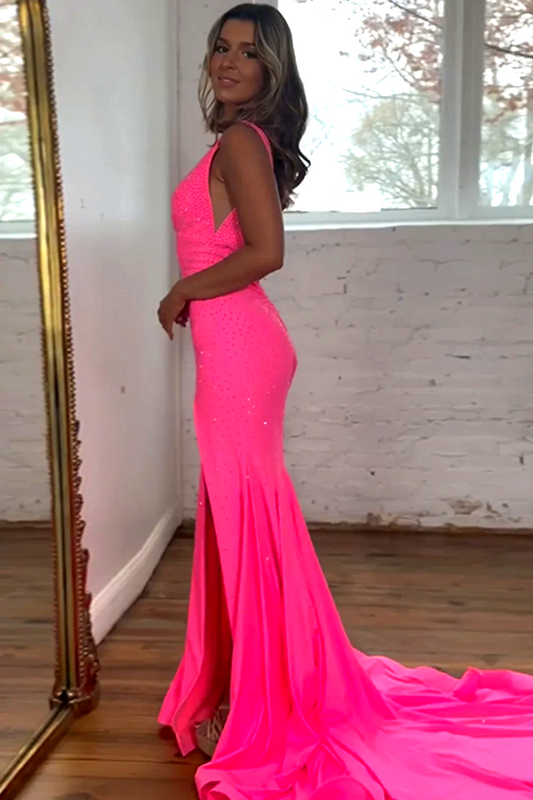 Glitter Pink Mermaid Prom Dress with V Neckline Beaded Embellishment and Sweep Train