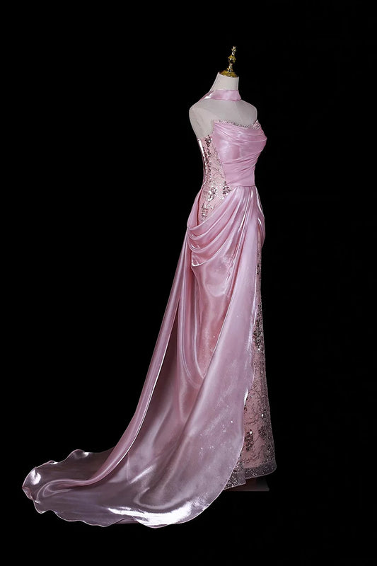 Glitter Pink Organza Irregular Sequin Lace Mermaid Prom Dresses Strapless Evening Dress, LTP82774