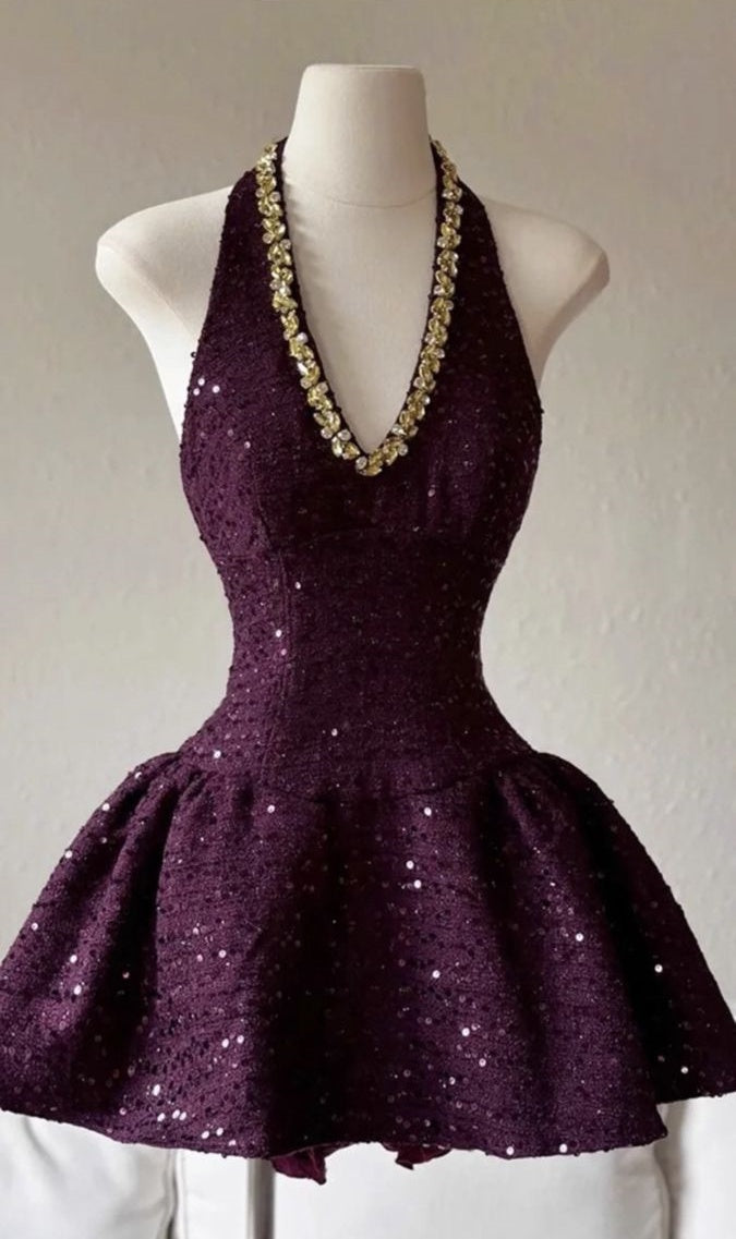 Glitter Purple Sequin Homecoming Dresses V-neck Beaded Mini Party Dress,LTP3905