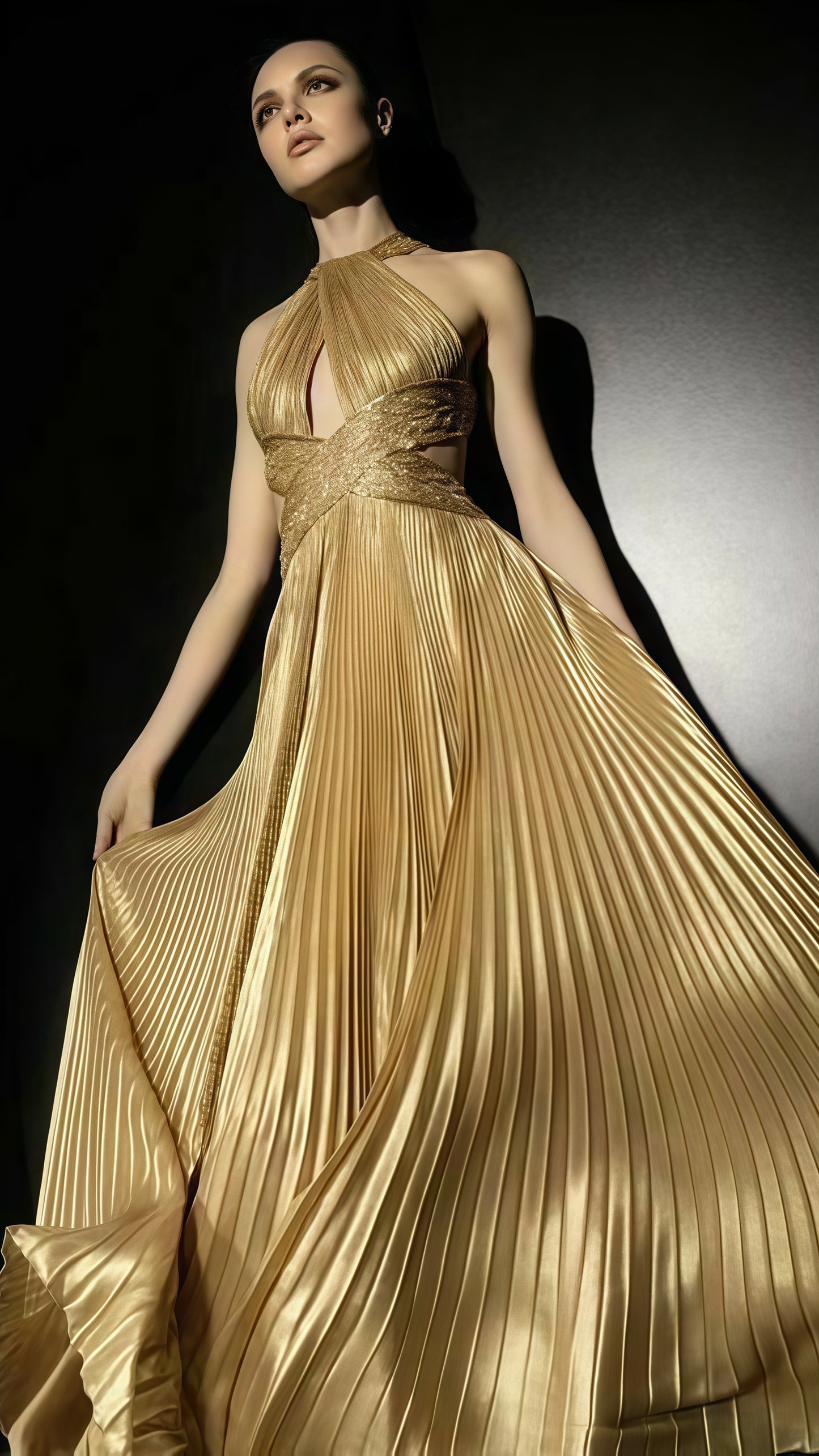 Gold Pleated Halter Prom Dresses, Beaded A-Line Evening Formal Gown, LTP3471