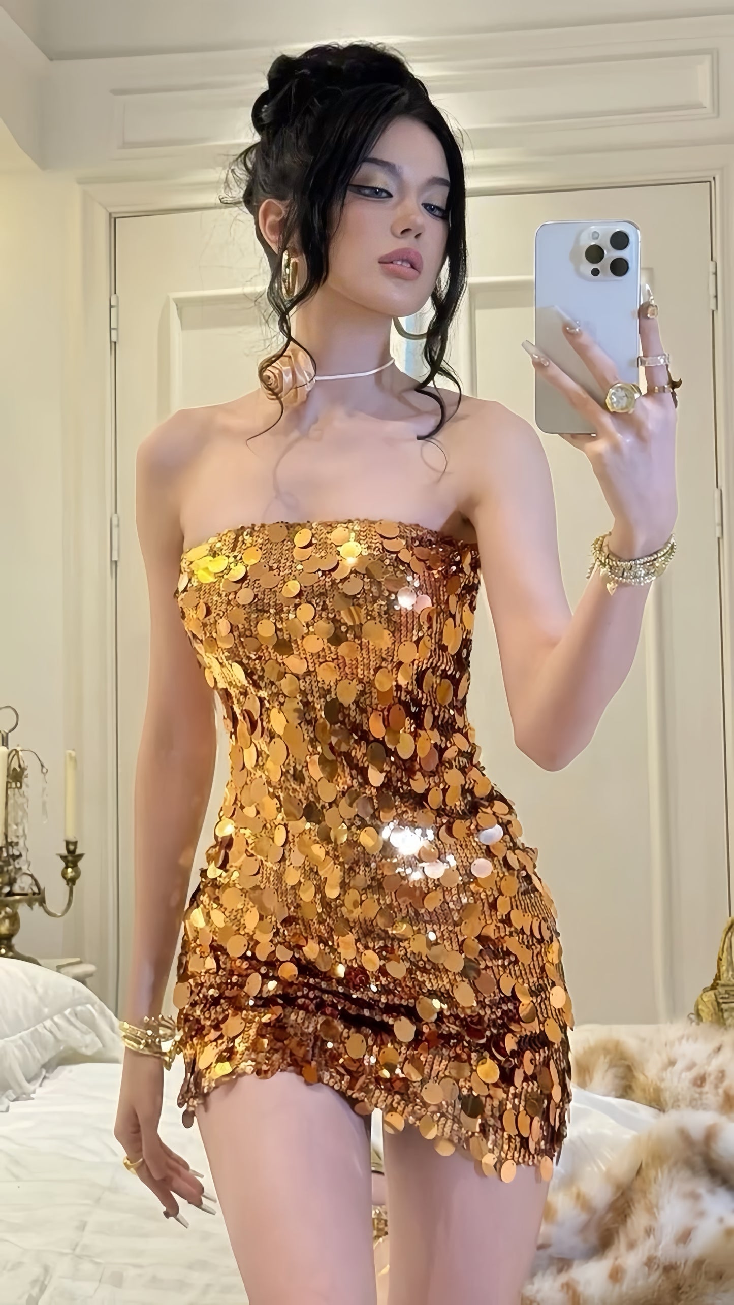 Gold Sequin Homecoming Dresses Strapless Mini Prom Party Dress,LTP3834