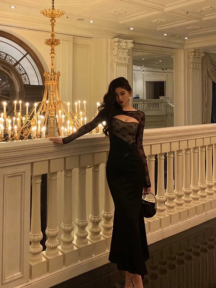 Gorgeous Mermaid Black Lace Date Night Dress Long Prom Dresses Birthday Outfits, LTP3603