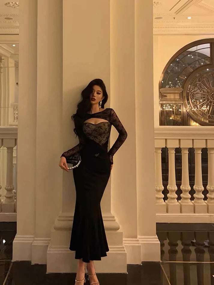 Gorgeous Mermaid Black Lace Date Night Dress Long Prom Dresses Birthday Outfits, LTP3603