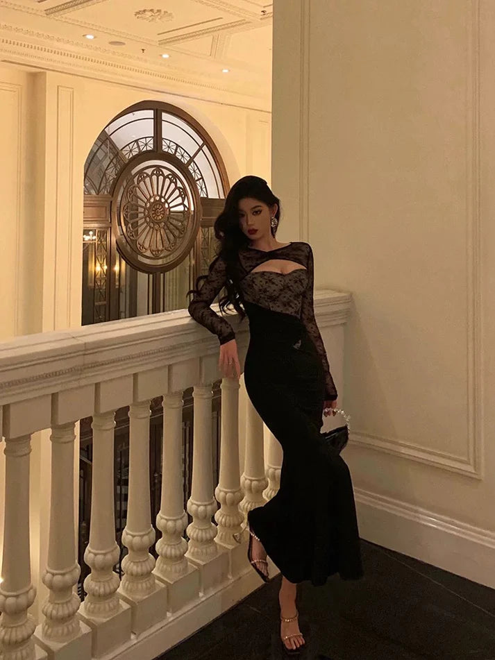Gorgeous Mermaid Black Lace Date Night Dress Long Prom Dresses Birthday Outfits, LTP3603
