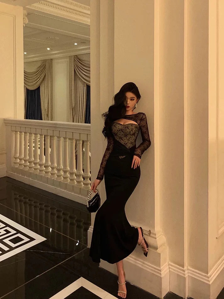 Gorgeous Mermaid Black Lace Date Night Dress Long Prom Dresses Birthday Outfits, LTP3603
