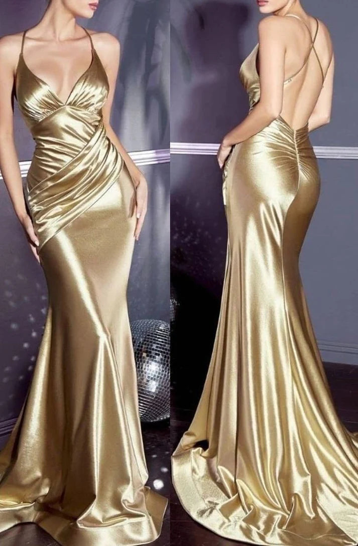 Gorgeous Mermaid Halter Floor Length Gold Satin Evening Dress Prom Dresses , LTP3649