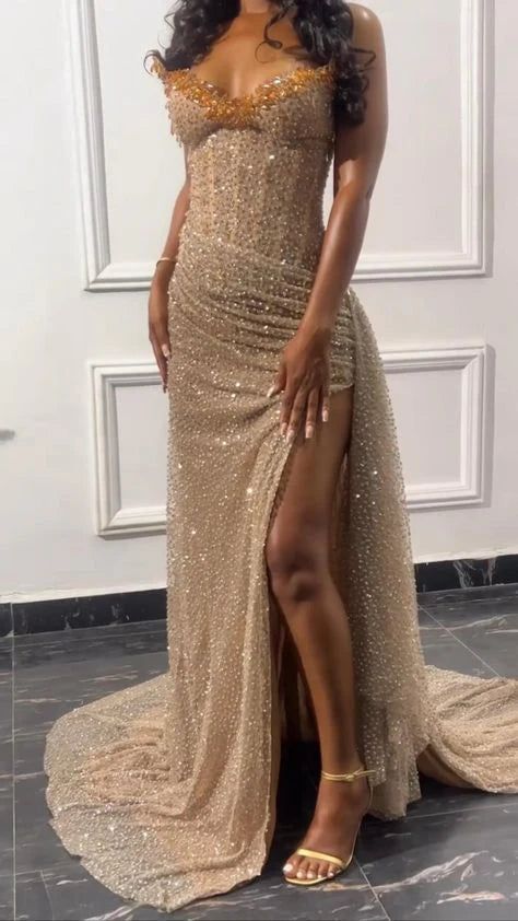 Gorgeous Mermaid Spaghetti Straps Floor Length Sequin Slit Evening Dress Prom Dresses, LTP3639