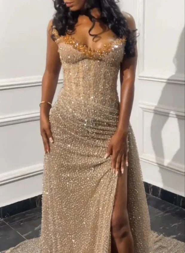 Gorgeous Mermaid Spaghetti Straps Floor Length Sequin Slit Evening Dress Prom Dresses, LTP3639