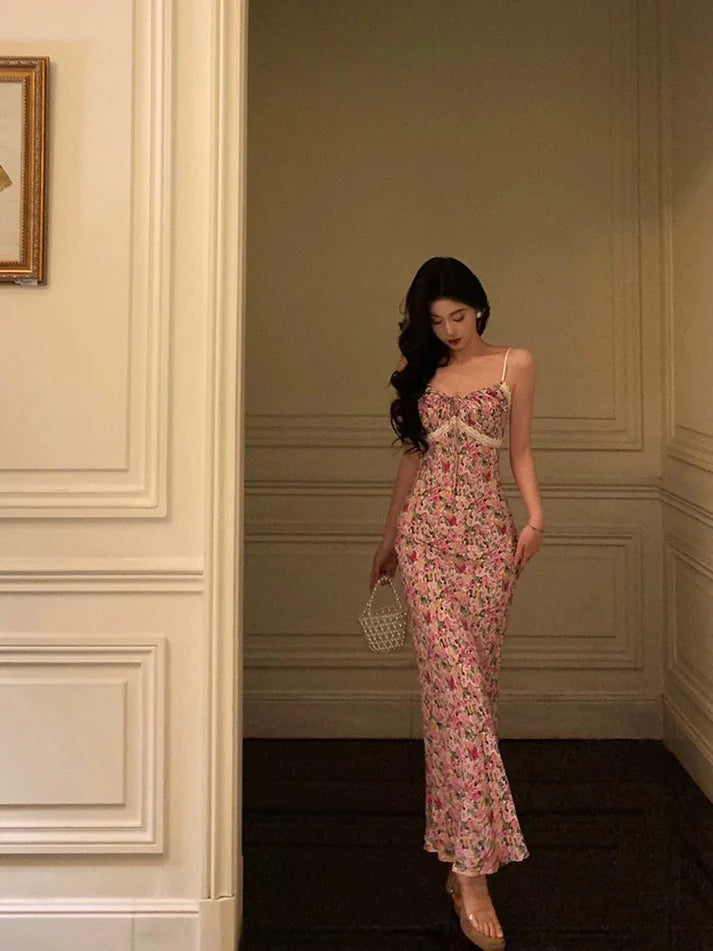 Gorgeous Mermaid Spaghetti Straps Pink Floral Date Night Dress Long Prom Dresses Birthday Outfits, LTP3602
