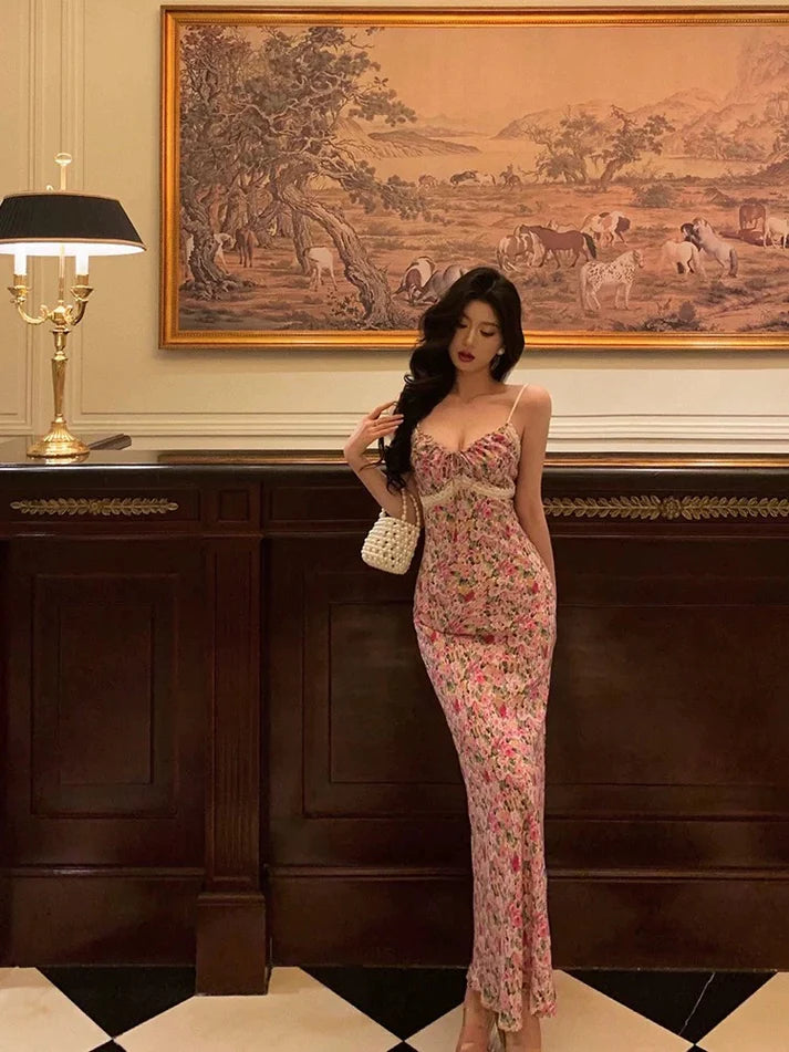 Gorgeous Mermaid Spaghetti Straps Pink Floral Date Night Dress Long Prom Dresses Birthday Outfits, LTP3602
