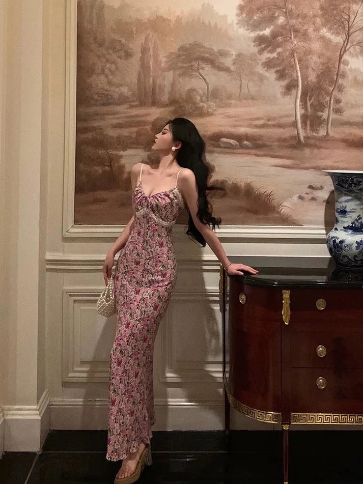 Gorgeous Mermaid Spaghetti Straps Pink Floral Date Night Dress Long Prom Dresses Birthday Outfits, LTP3602