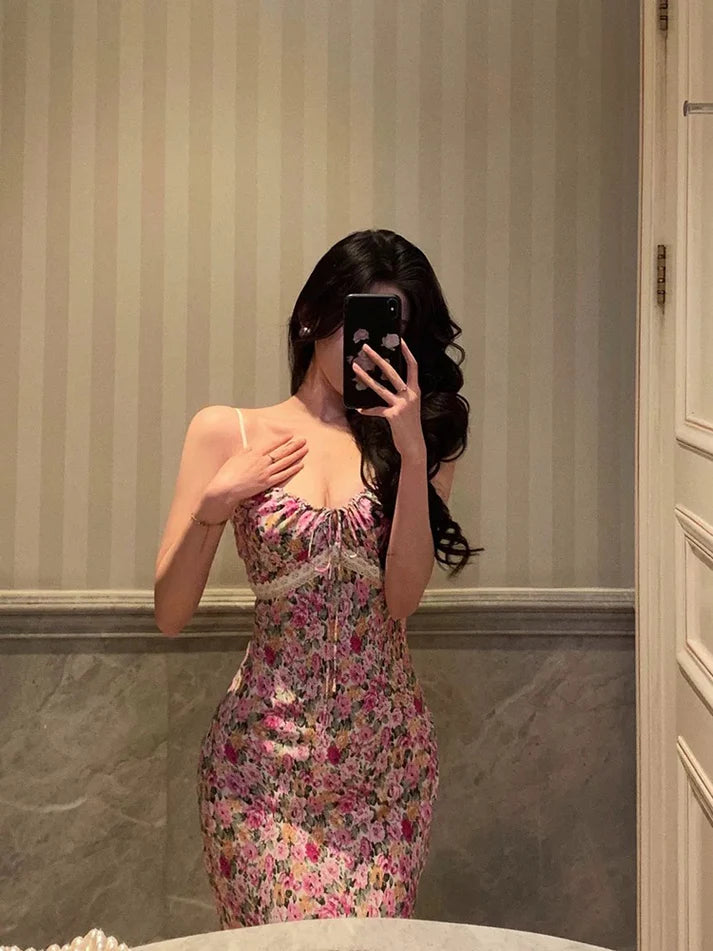 Gorgeous Mermaid Spaghetti Straps Pink Floral Date Night Dress Long Prom Dresses Birthday Outfits, LTP3602