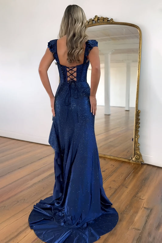 Gorgeous Navy Beaded Mermaid Prom Dress with Lace Up Detail and Front Slit