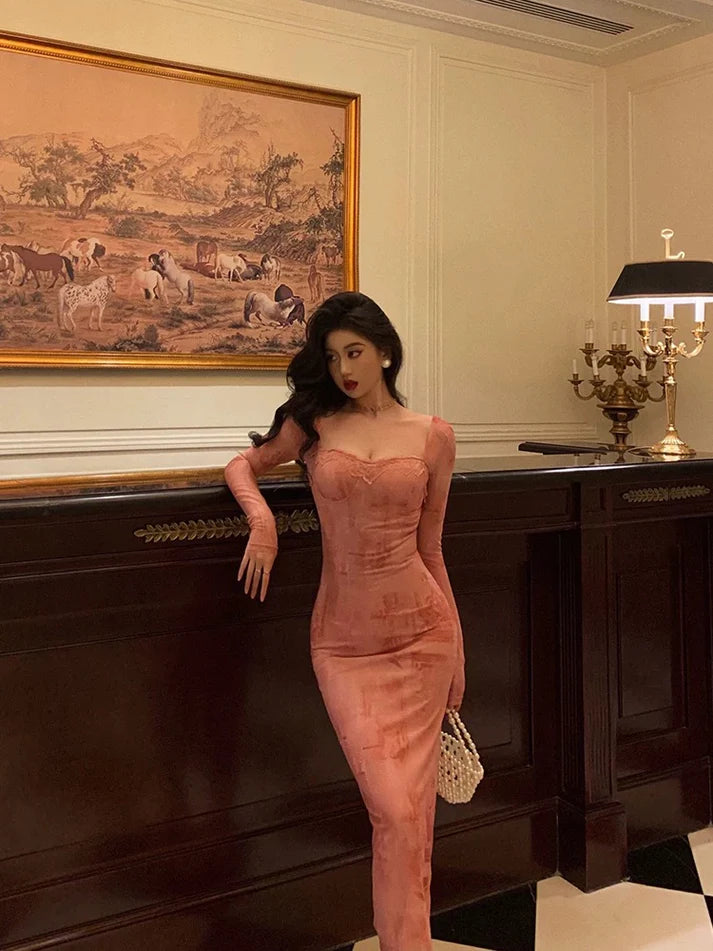 Gorgeous Sheath Square Neckline Long Sleeves Pink Lace Date Night Dress Long Prom Dresses Birthday Outfits, LTP3601