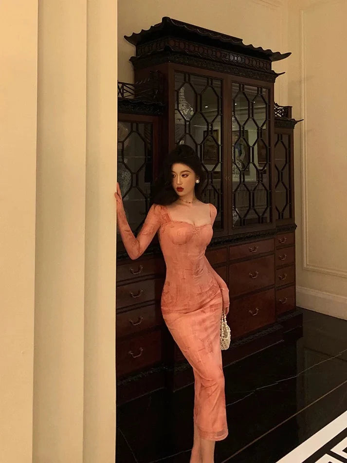 Gorgeous Sheath Square Neckline Long Sleeves Pink Lace Date Night Dress Long Prom Dresses Birthday Outfits, LTP3601