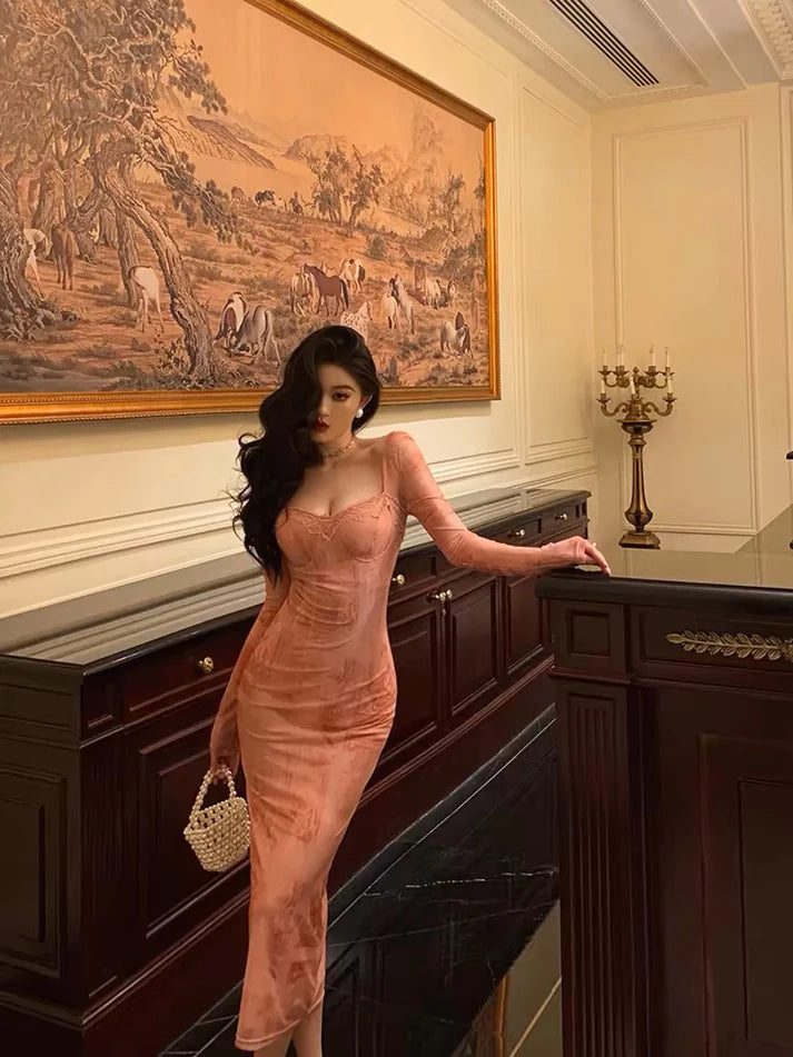Gorgeous Sheath Square Neckline Long Sleeves Pink Lace Date Night Dress Long Prom Dresses Birthday Outfits, LTP3601