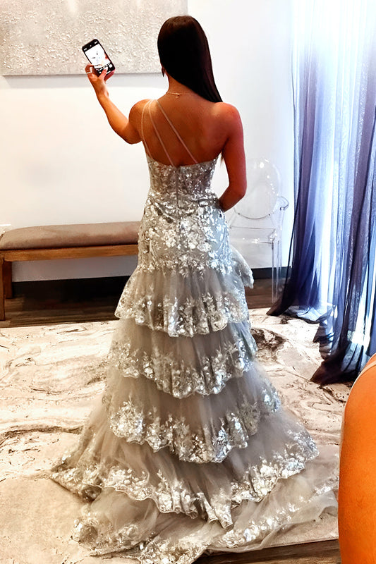 Gorgeous Grey Sequin Prom Dress with One Shoulder Design Long Ruffle Skirt and Sparkle Finish