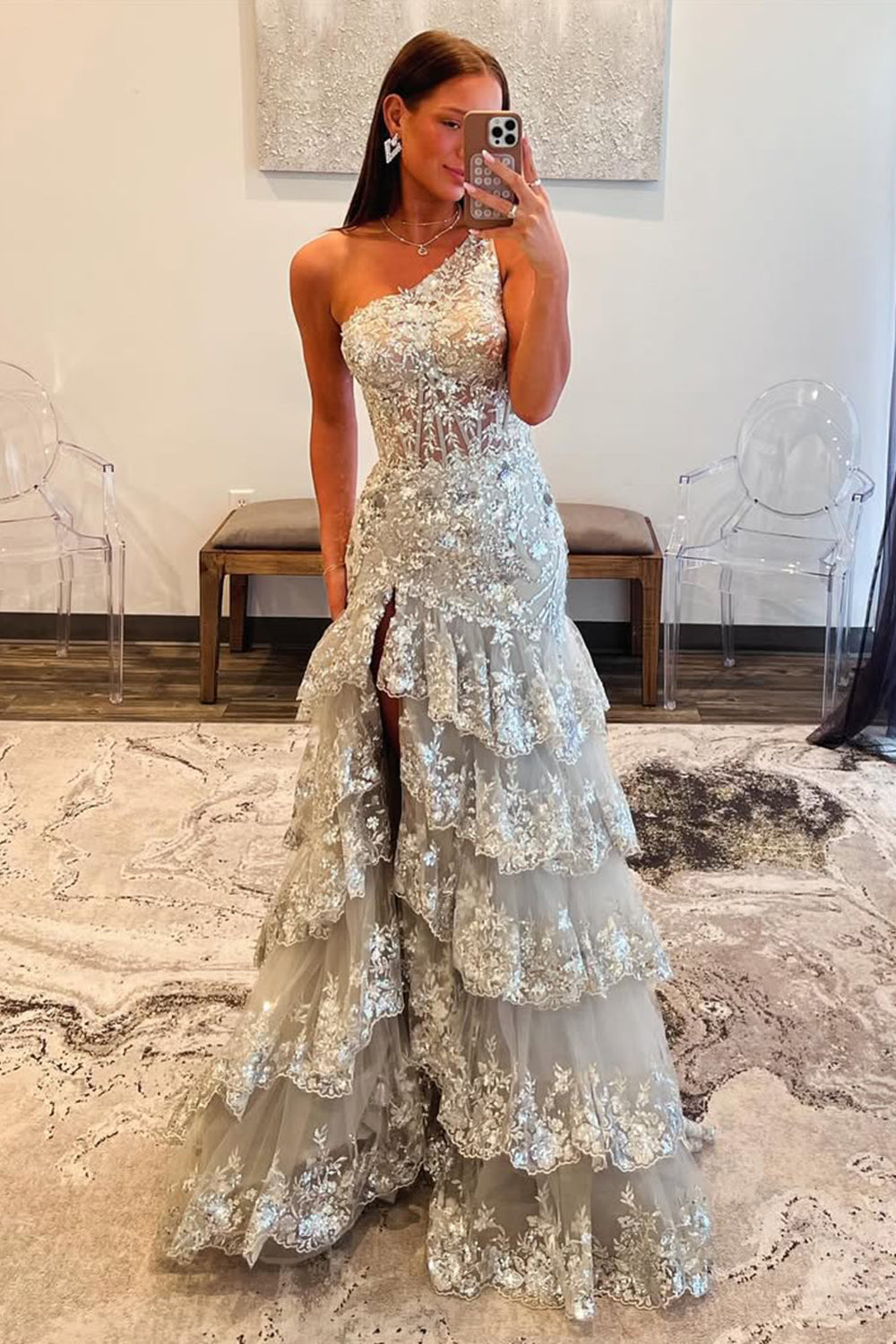 Gorgeous Grey Sequin Prom Dress with One Shoulder Design Long Ruffle Skirt and Sparkle Finish