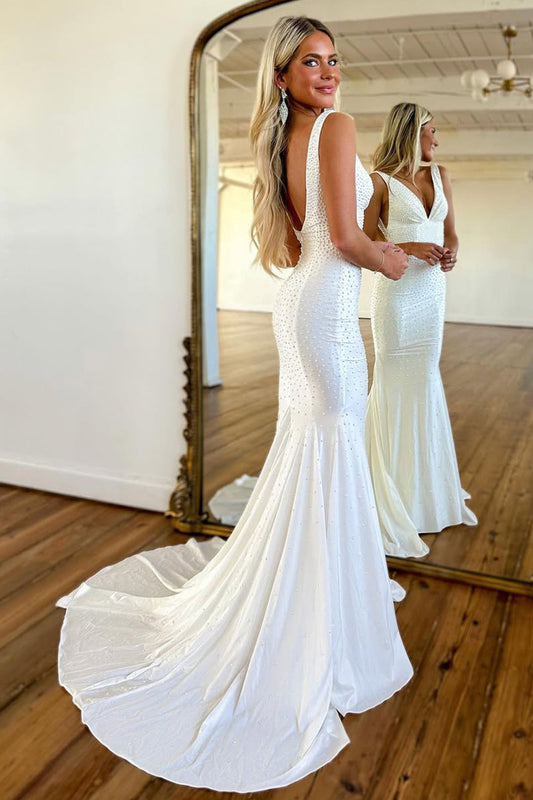 Gorgeous V Neck Mermaid Prom Dress with Long Silhouette and Beaded Corset Design