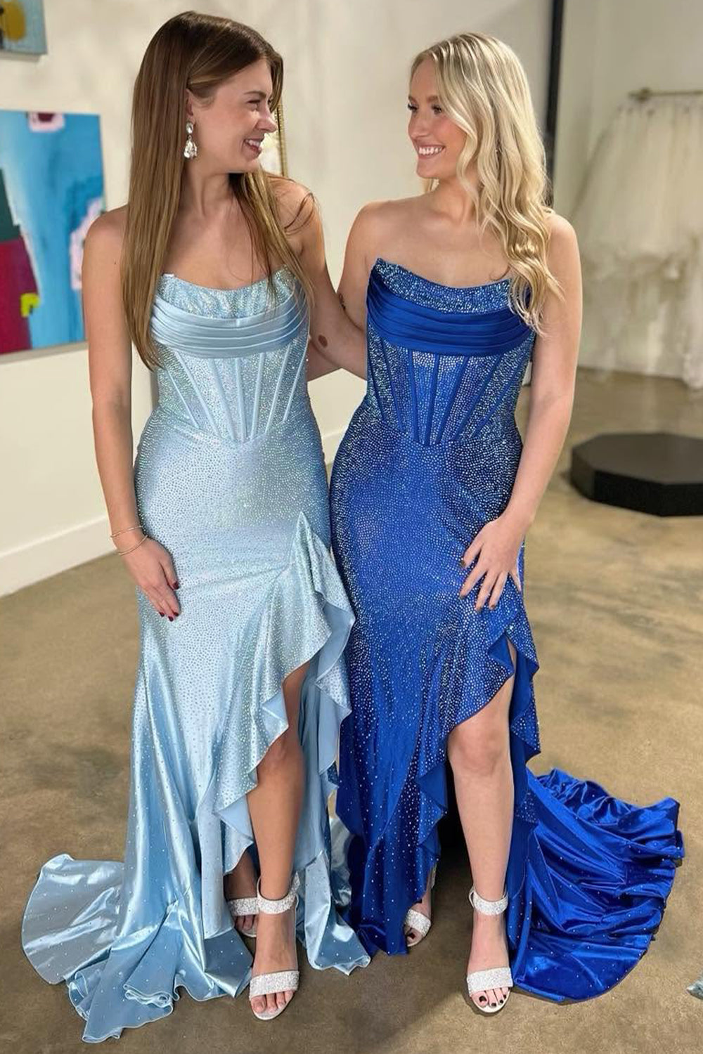 Sparkly Orange Mermaid Prom Dress with Strapless Bodice Lace Up Closure and Beaded Slit