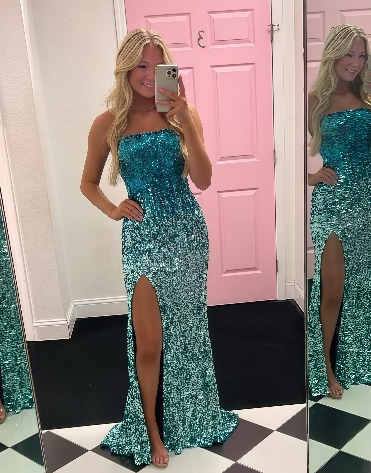 Gradient Color Strapless Sequin Evening Prom Dress,LTP3535