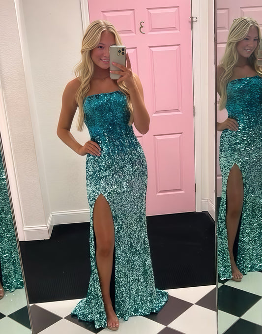 Gradient Color Strapless Sequin Evening Prom Dress,LTP3535