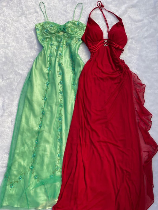 Green Beaded Spaghetti Straps Party Dress, Chiffon Prom Evening Gown,LTP3523