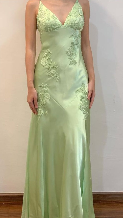 Green Mermaid V Neck Appliques Satin Open Back Long Prom Dress Outfits,LTP4433
