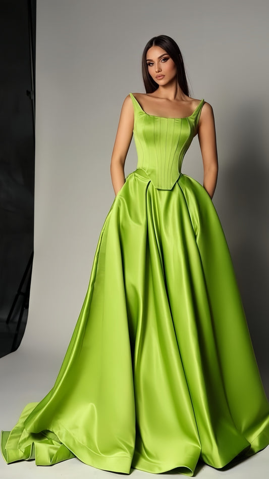 Green A-Line Long Prom Dresses Long Evening Party Gown,LTP4035