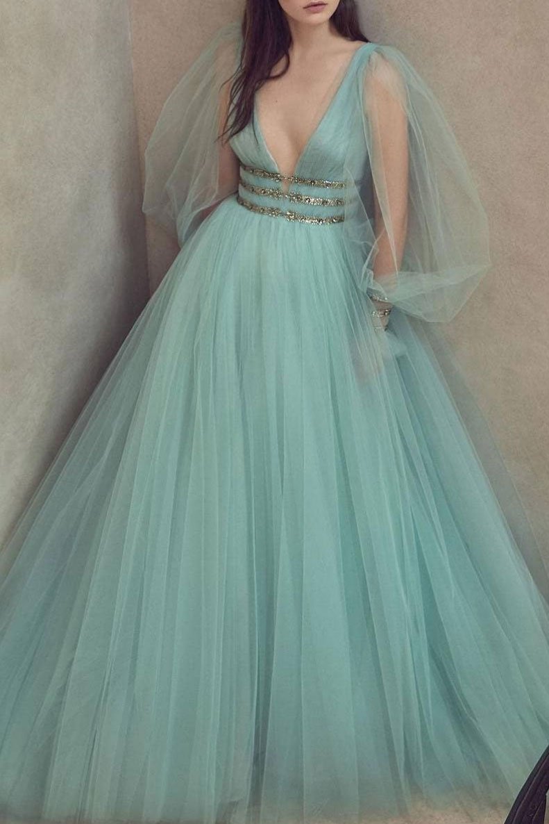 Green tulle puff sleeve sequin prom dress with V-neck and romantic formal design