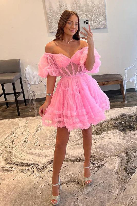LTP1839,A-line Pink Off The Shoulder V-Neck Mini Homecoming Dress