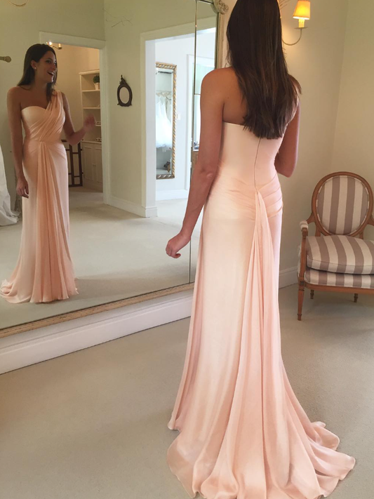 Elegant Light Pink Sheath One Shoulder Chiffon Prom Dress Wedding Guest Dress