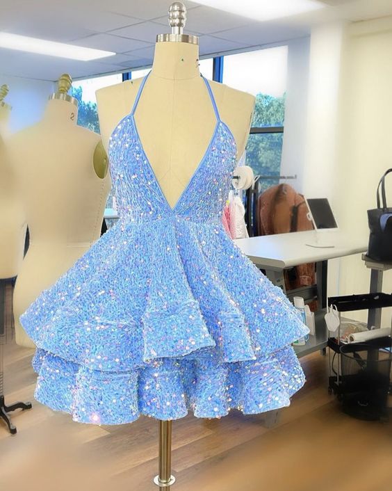 Halter Blue Sequin A-Line Homecoming Dress, LTP3281