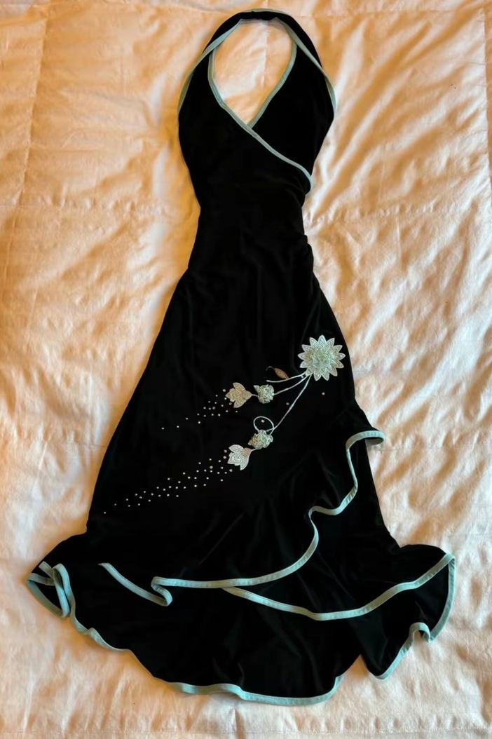 Halter Bodycon Black Floral Party Dresses V-Neck Prom Evening Gown,LTP4129