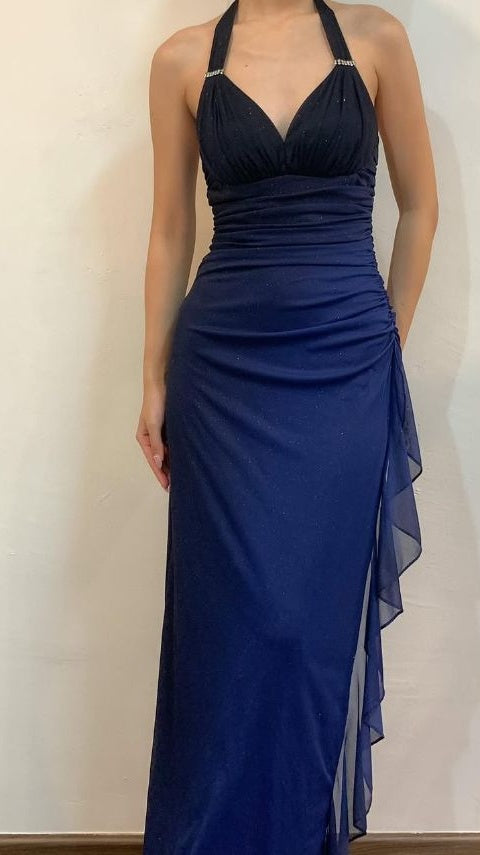 Halter Ombre Navy Blue Long Chiffon Prom Dress,LTP4405