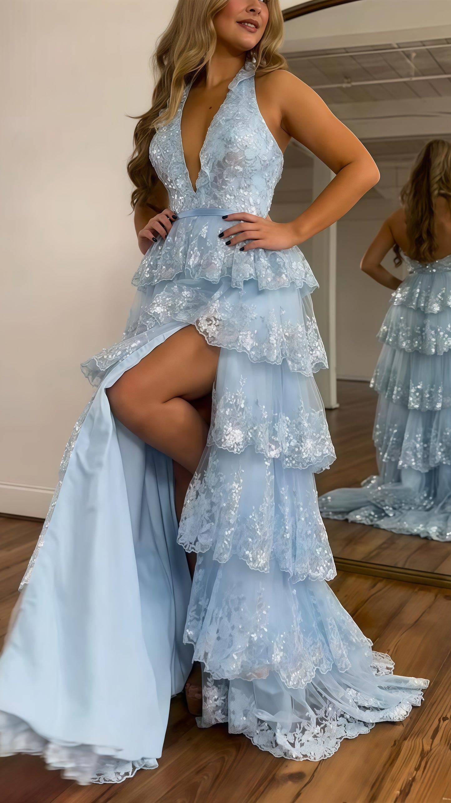 Halter V-Neck Appliques Ruffles Long Prom Dress